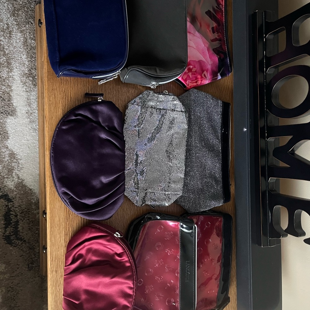 9 piece of Lancome Cosmetic Bags Set - Purple, Black, Silver, Pink
